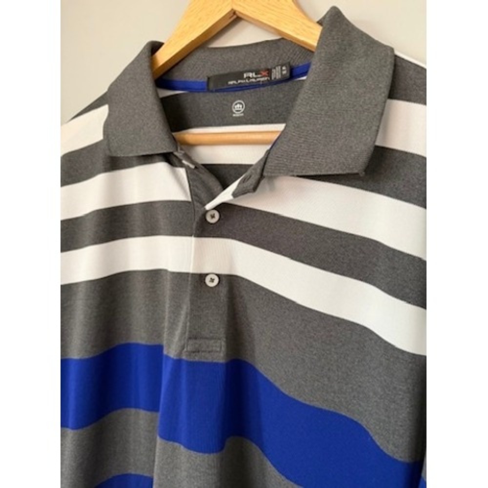 RLX Ralph Lauren Golf Polo Shirt Striped Gray Blue White Mens Size XL Wicking - Picture 2 of 7